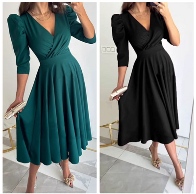 Tülay™ - Plissiertes Midikleid mit V-Ausschnitt